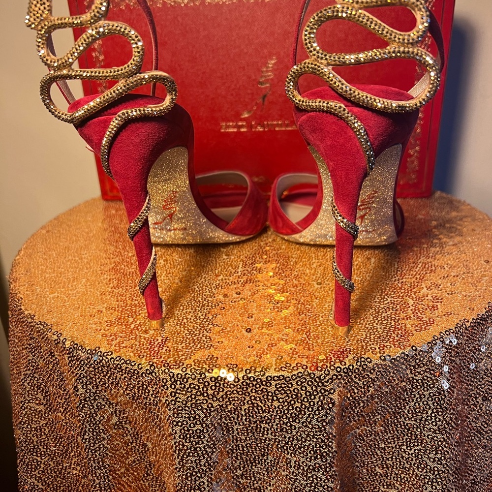 Rene’ Caovilla Red Serpent-detail 100mm suede sandals.  Women’s Size 39 1/2. - Picture 6 of 11